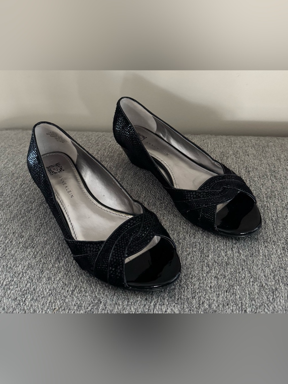 Anne Klein Black Peep-Toe Wedge Heels